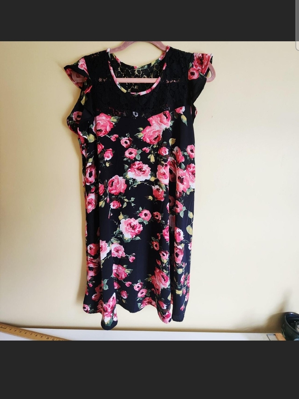 Uncle Frank Black Floral Lace Yoke Midi Dress - Pink Rose Print